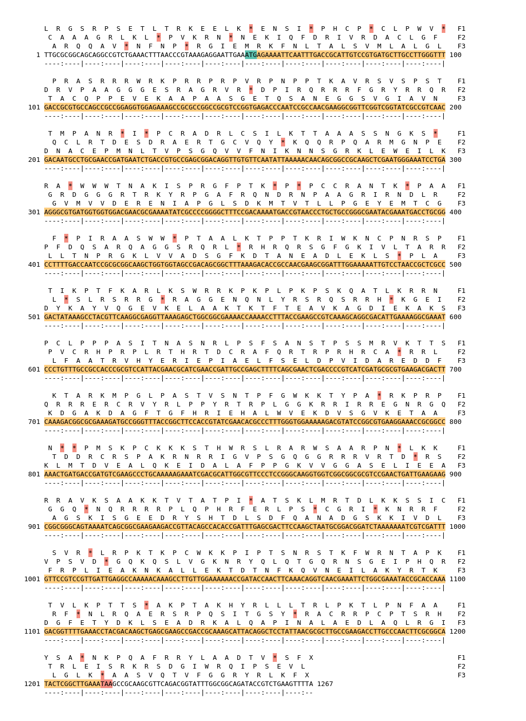 Image of isolate 50469 DNA sequence (yellow) for gene NEIS0012. Amino acids for each of the three frames is shown above the sequence. There is a start codon highlighted in green and a stop codon highlighted red. There is an internal stop codon.