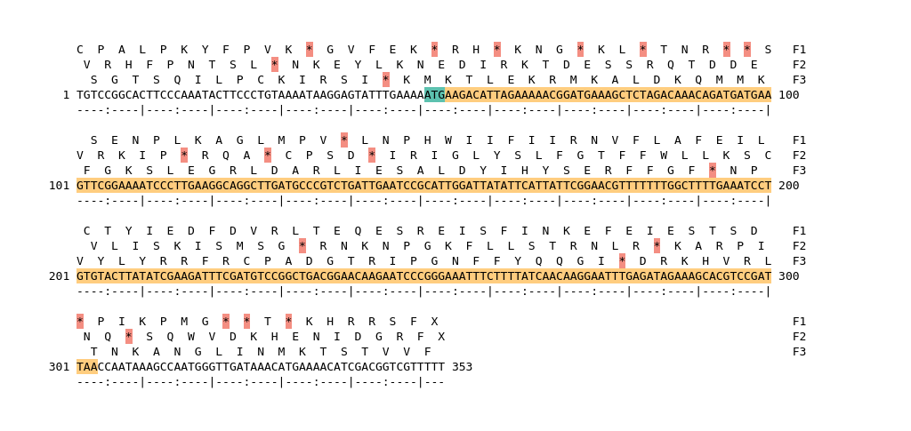 Image of isolate 50128 DNA sequence (yellow) for gene NEIS0309. Amino acids for each of the three frames is shown above the sequence. There is a start codon highlighted in green. There is not a stop codon highlighted red.