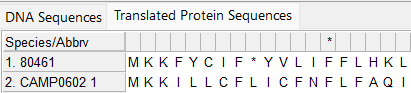 Isolate and defined amino acids sequences open in MEGA without colour. Stop codon indicated by a *. Letters represent amino acids.