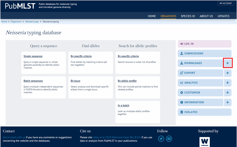 Screenshot of Neisseria typing page, with red box around downloads plus button