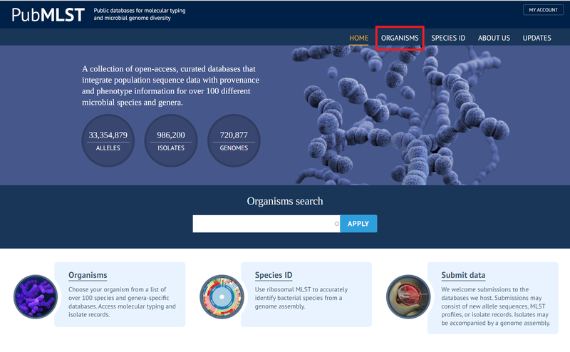 Screenshot of PubMLST homepage with red box around organisms