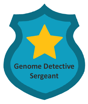 Cartoon drawing of police badge with title Genome Detective Sergeant. Badge is blue with a yellow star.